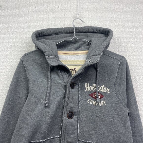 Y2K Hollister Women’s Button Down Oversized Hoodie Size S Grey Fleece Retro Logo - Picture 2 of 11